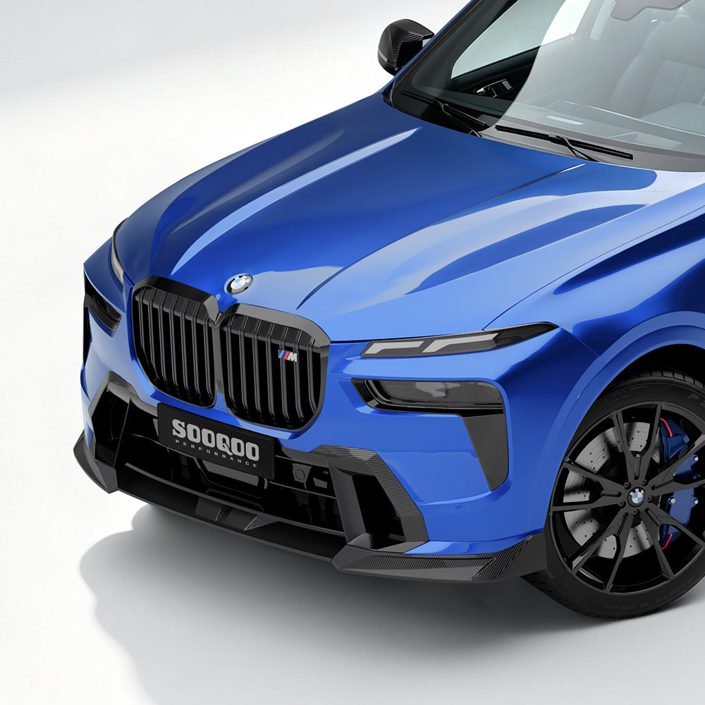 BMW X7 G07 LCI carbon front lip gemonteerd, vooraanzicht